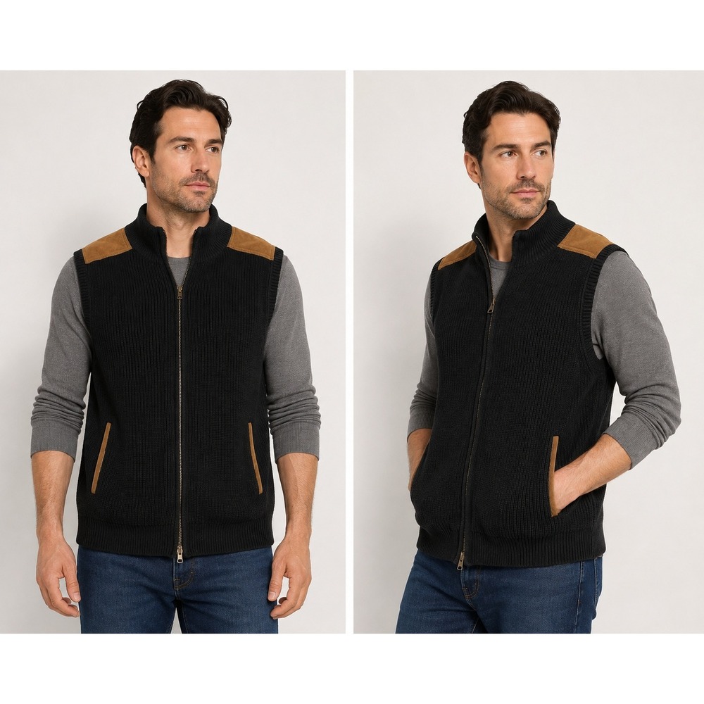 Orvis Mens Full Zip Sweater Vest Black Shaker Knit Suede Trim Mock Neck Large